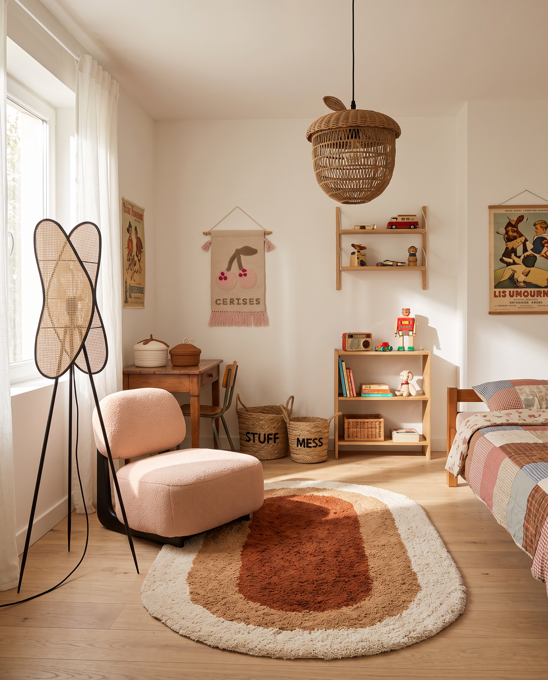 Chambre d'enfant chaleureuse style rétro avec suspension en rotin, tapis ovale et tenture murale cerises