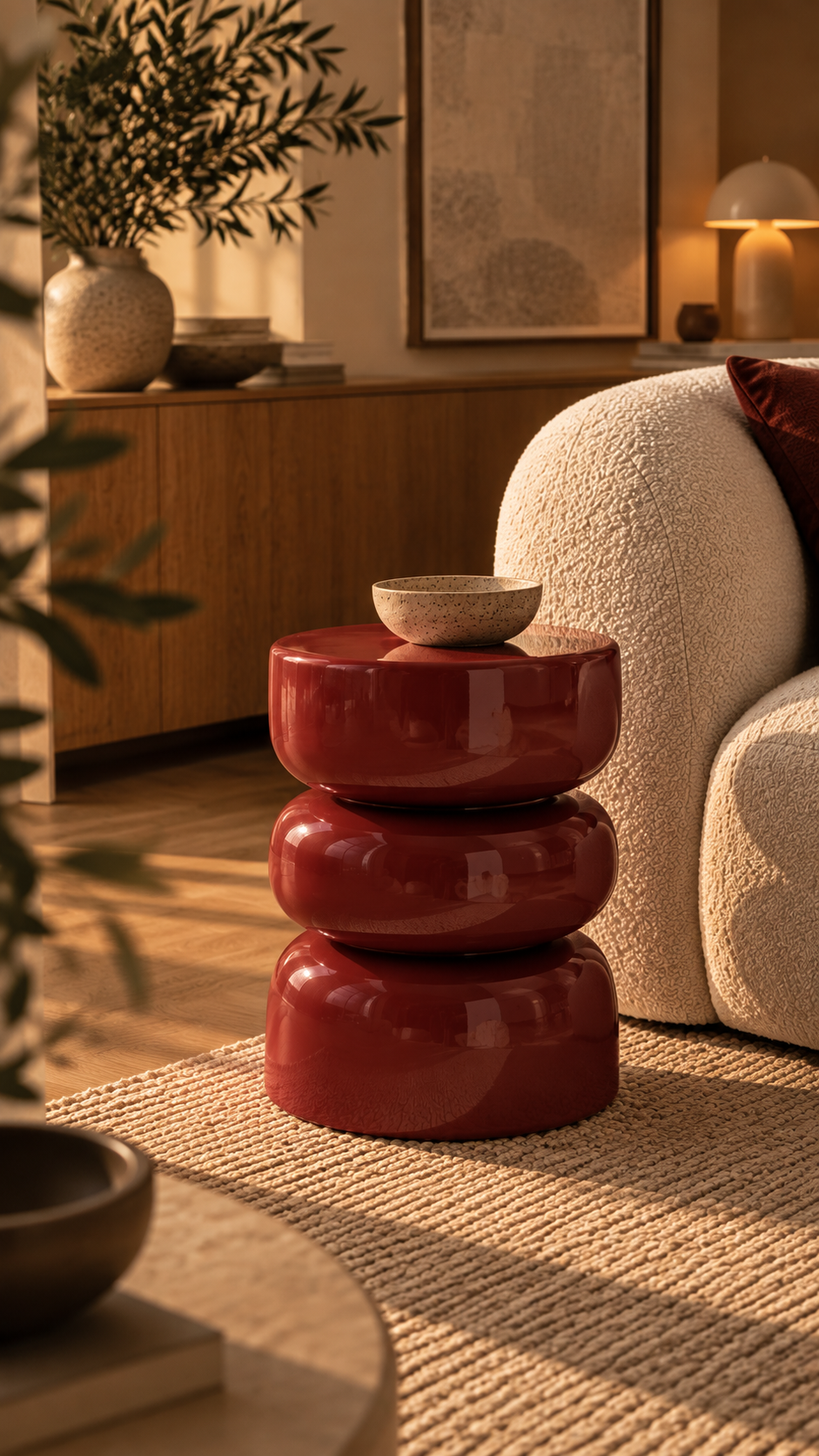 Tabouret rouge brique brillant, bol céramique posé sur le dessus, canapé bouclette crème avec coussin rouge brique, tapis jute tressé, buffet bois naturel avec grand vase céramique beige et branches d'olivier, tableau abstrait encadré bois