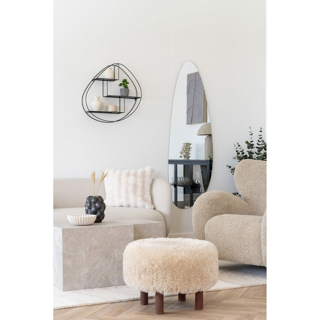 Pouf INVERNESS Fausse Fourrure Beige Pieds Bois Ø50×33 cm