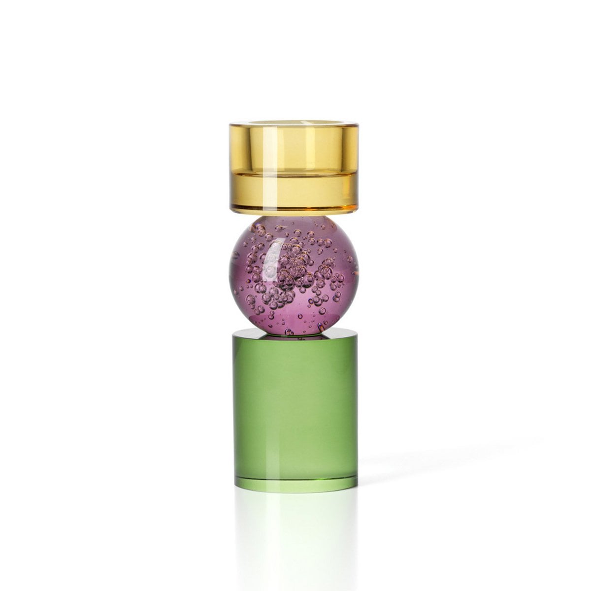 Grand bougeoir décoratif en verre recyclé avec une base verte, une sphère centrale lilas à bulles et un sommet ambré.