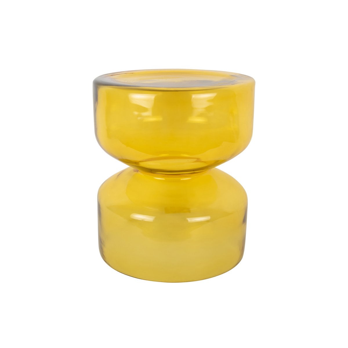 Table d'appoint design en verre jaune translucide avec silhouette en forme de double sablier.