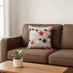 Housse de Coussin Noël Étoiles Brodées Guirlande Pompons Coton Lin 45×45 cm