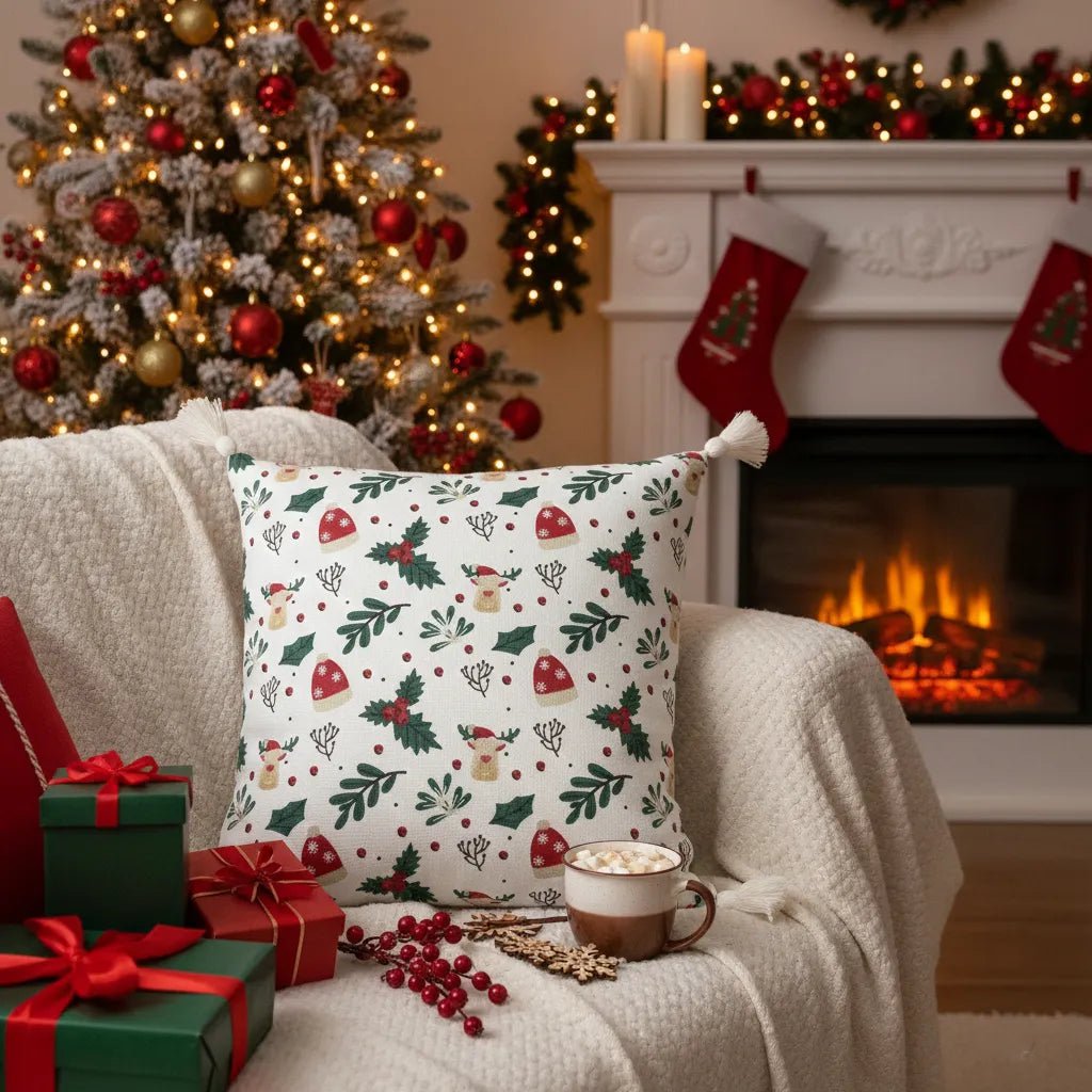 Housse de Coussin Noël Imprimé Rennes Houx Pompons Coton 45×45 cm