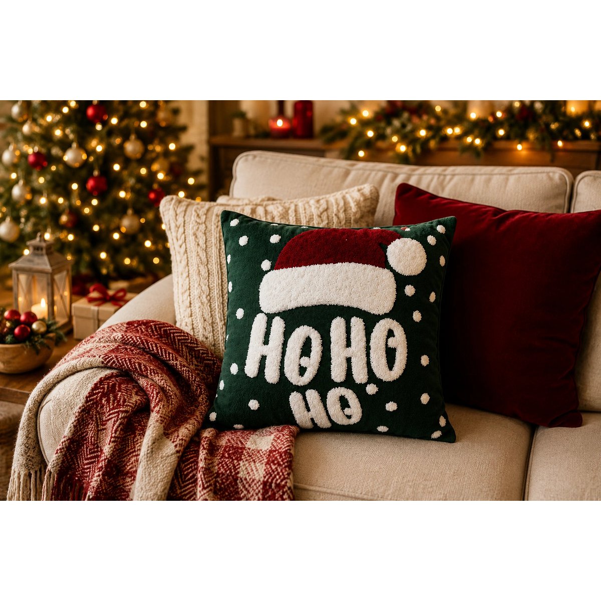 Housse de Coussin Noël HO HO HO Brodée Vert Blanc Rouge 45×45 cm