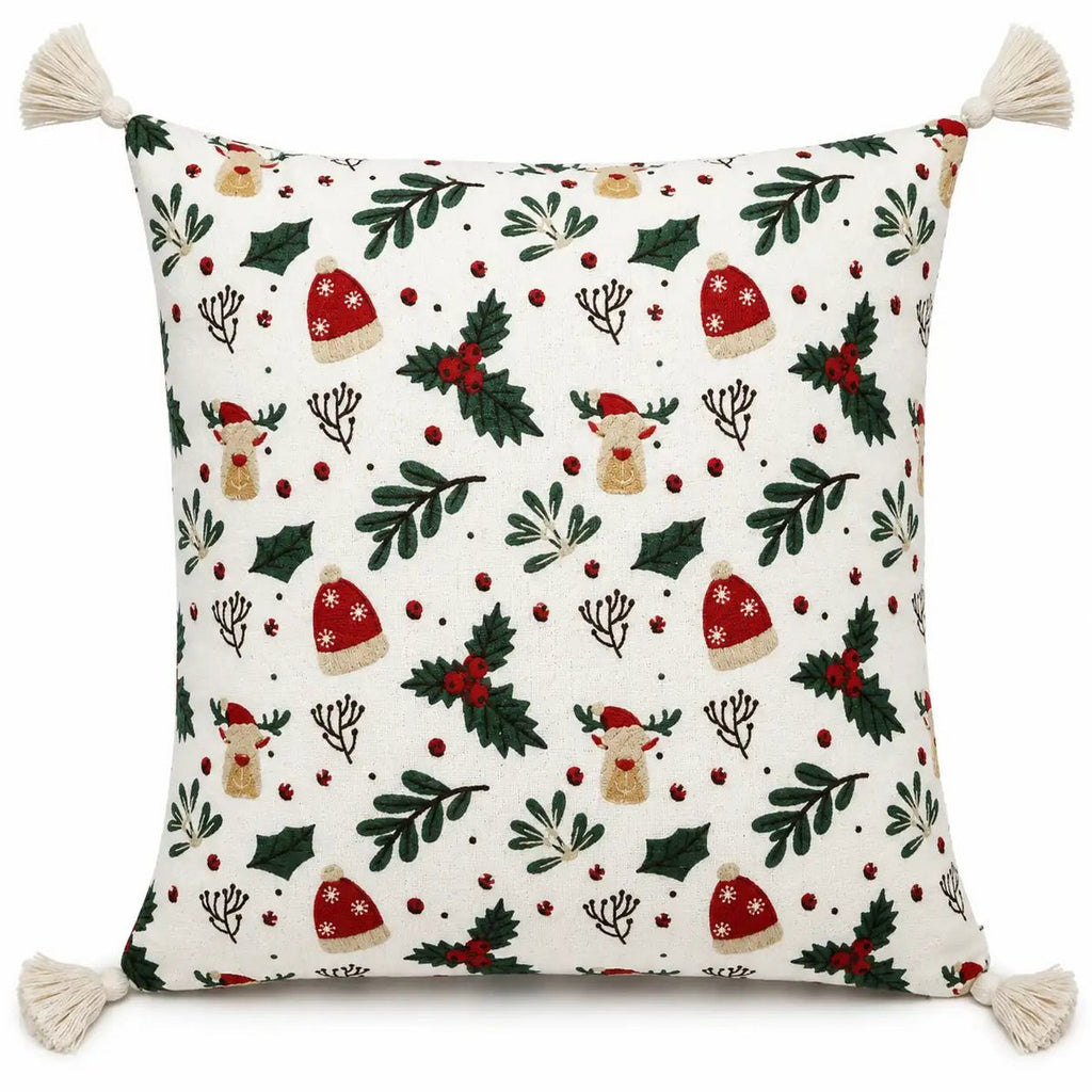 Housse de Coussin Noël Imprimé Rennes Houx Pompons Coton 45×45 cm
