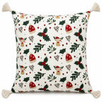 Housse de Coussin Noël Imprimé Rennes Houx Pompons Coton 45×45 cm