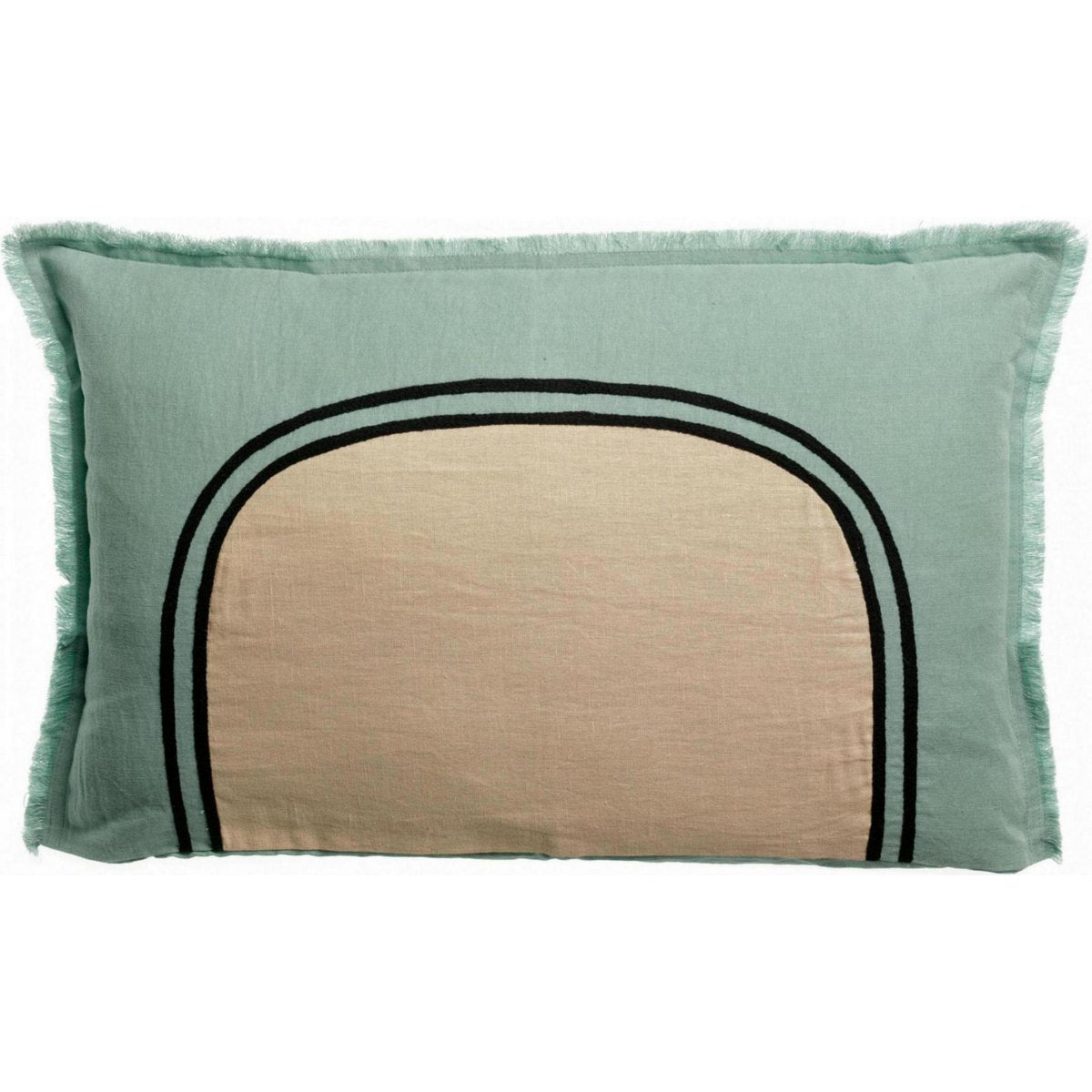Coussin lombaire rectangulaire 40x65 vert opaline et beige motif arche avec franges