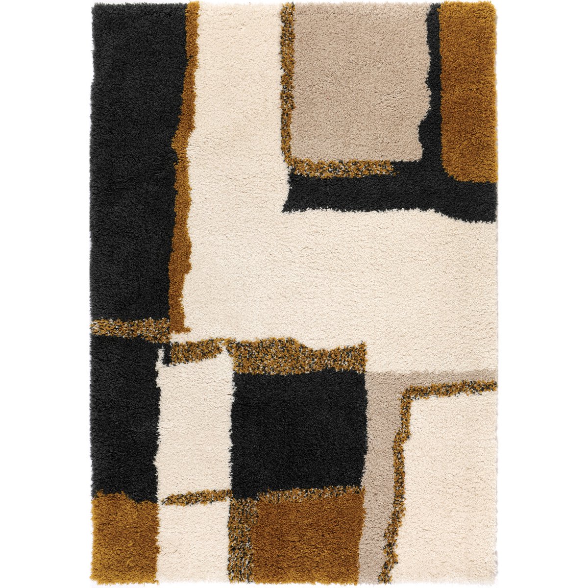 Grand tapis de salon XXL shaggy moelleux à motifs graphiques beige noir et moutarde Rosa.