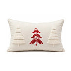 Housse de Coussin Noël Nordlys Sapins Touffetés Brodés Crème Rouge Coton Lin 30×50 cm
