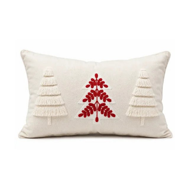 Housse de Coussin Noël Nordlys Sapins Touffetés Brodés Crème Rouge Coton Lin 30×50 cm