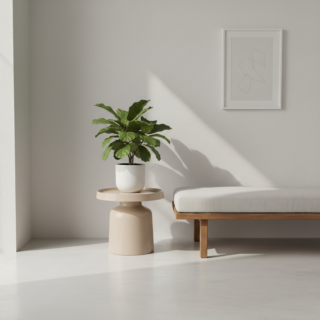 Table basse design beige avec une plante verte posée dessus.