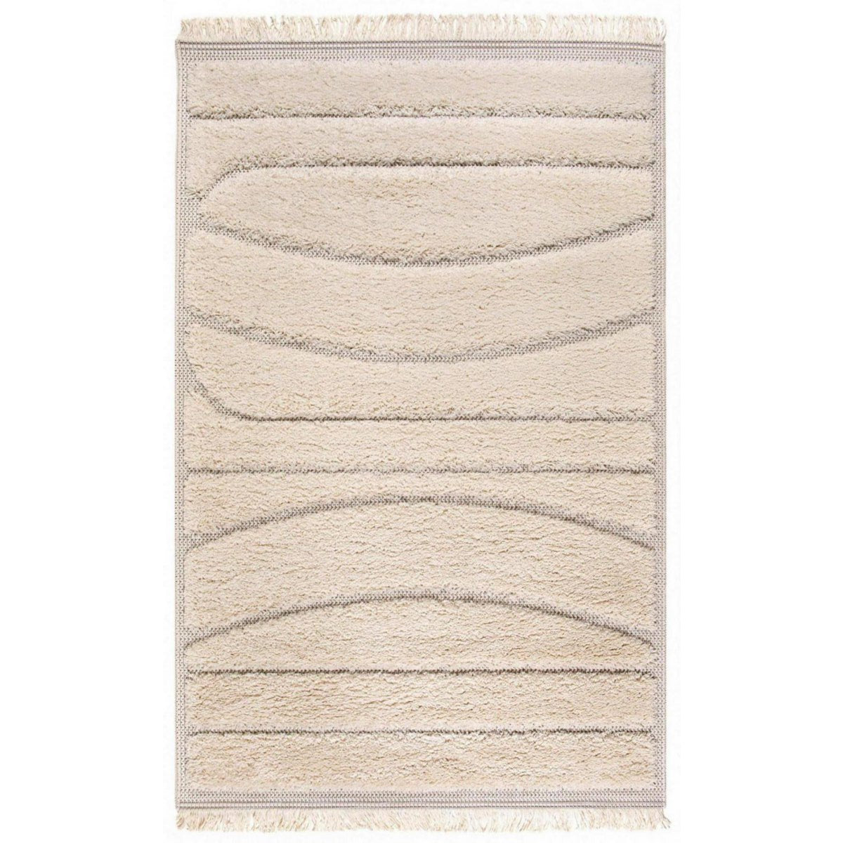 Tapis rectangulaire design 200x290 couleur ivoire écru avec motifs courbes en relief texturé (Modèle Solan).