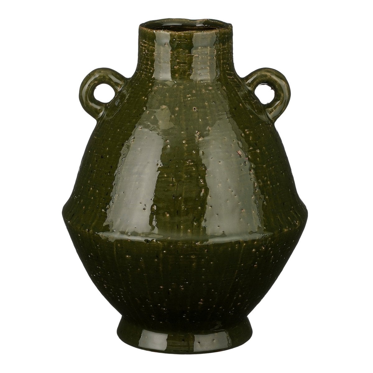 Grand vase en céramique vert olive avec deux anses, forme arrondie.