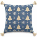 Housse de Coussin Noël Sapins et Flocons Bleu Blanc Pompon Snowlyn