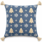 Housse de Coussin Noël Sapins et Flocons Bleu Blanc Pompon Snowlyn