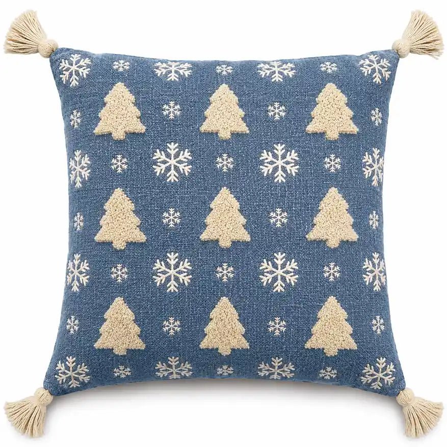 Housse de Coussin Noël Sapins et Flocons Bleu Blanc Pompon Snowlyn