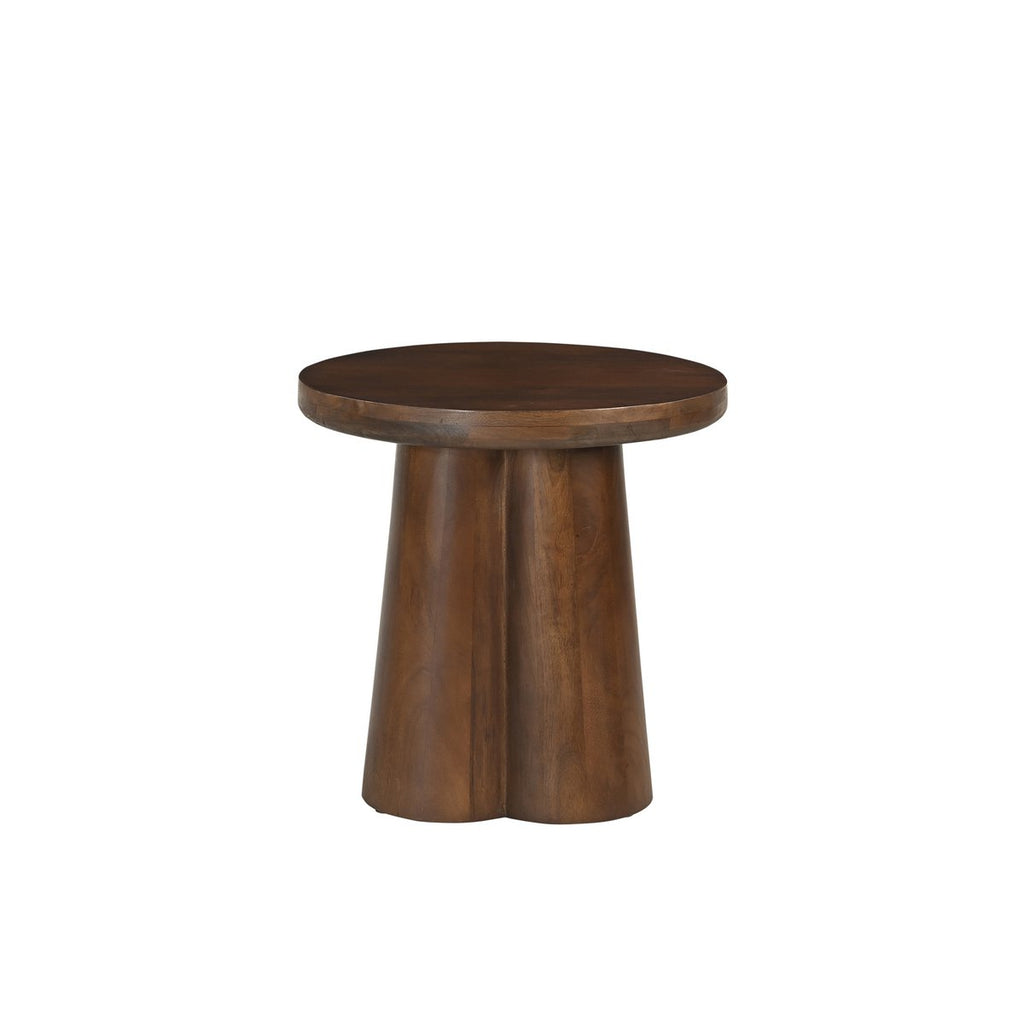Table d'appoint ronde au design architectural "chunky" en bois de manguier massif foncé.