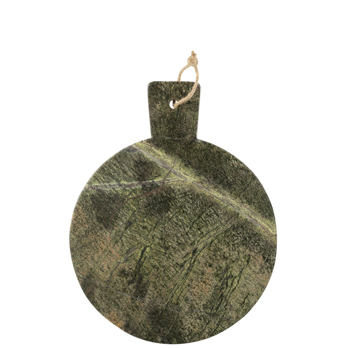 Élégante planche de présentation ronde avec poignée, taillée dans un marbre vert naturel aux superbes veinures claires.