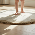 Tapis Rond Velours Motif Fleur en Relief Écru & Beige – Elsa