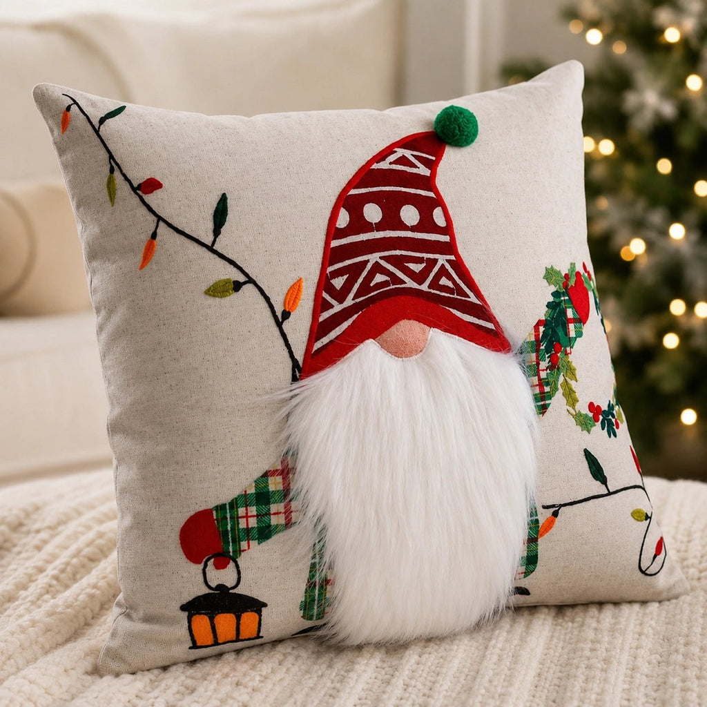 Housse de Coussin Noël Gnome Brodé Lanterne Couronne Coton Lin 45×45 cm