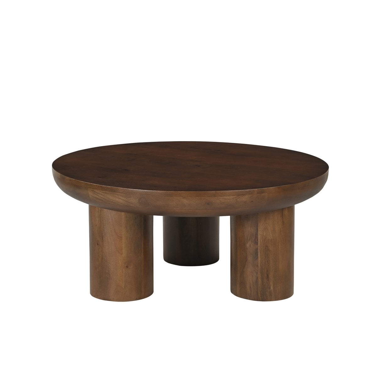 Table basse ronde au design architectural "chunky" en bois de manguier massif foncé.