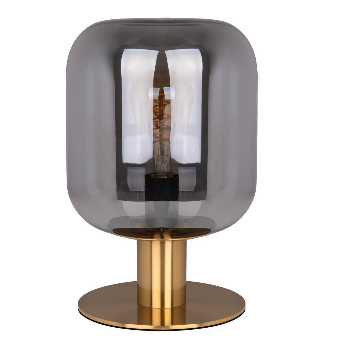 Lampe de table design Alessio, base cylindrique en métal doré et grand abat-jour en verre fumé translucide.