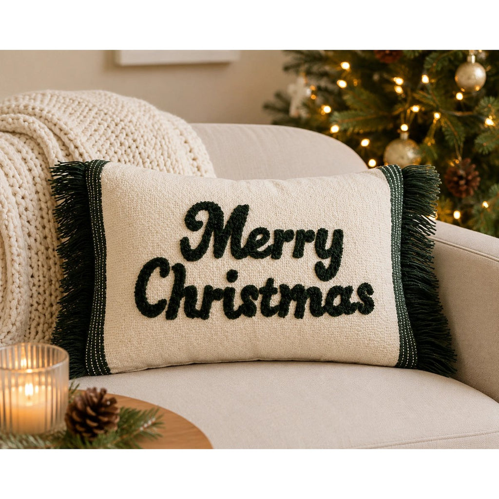 Housse de Coussin Noël Joyeux Noël Franges Vert Crème Laine Coton 35×50 cm
