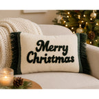 Housse de Coussin Noël Joyeux Noël Franges Vert Crème Laine Coton 35×50 cm