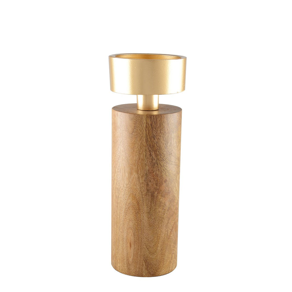 Grand bougeoir design (23cm) associant une base cylindrique en bois naturel et une coupelle en métal doré.