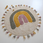 Tapis Rond Coton Arc-en-Ciel avec Pompons Ø110 cm – Rainbow Moss