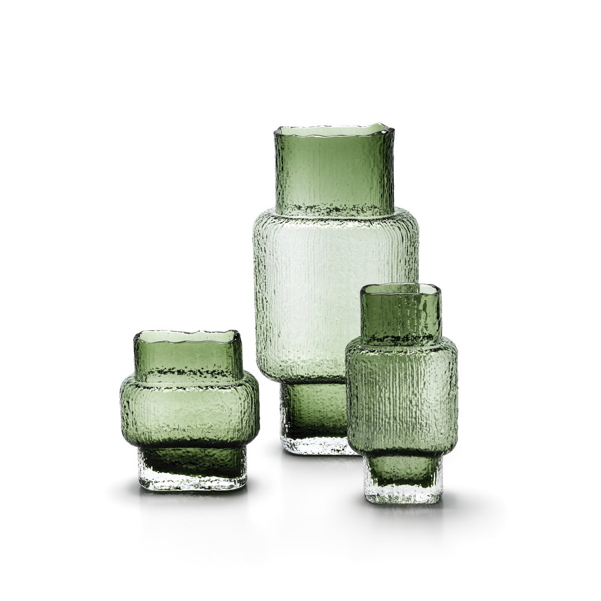 Trio de vases, Grand vase décoratif en verre recyclé vert doux, forme géométrique vintage texturée.