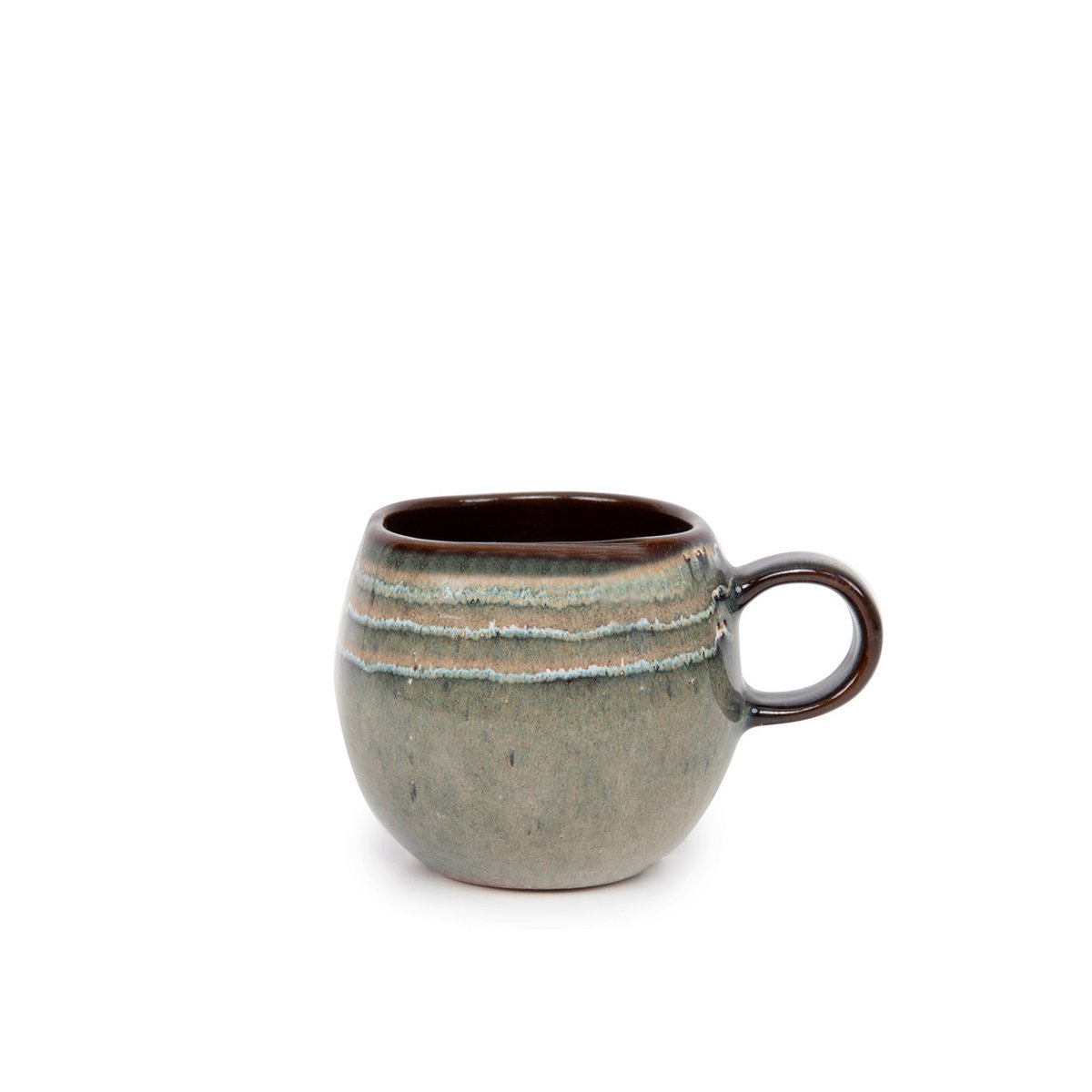 Petite tasse à expresso artisanale en grès, nuances vert d'eau et brun.