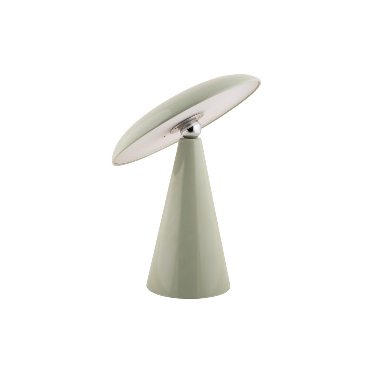 Lampe de table LED Phoebe au design contemporain minimaliste, en vert sauge doux poli, sur fond blanc.