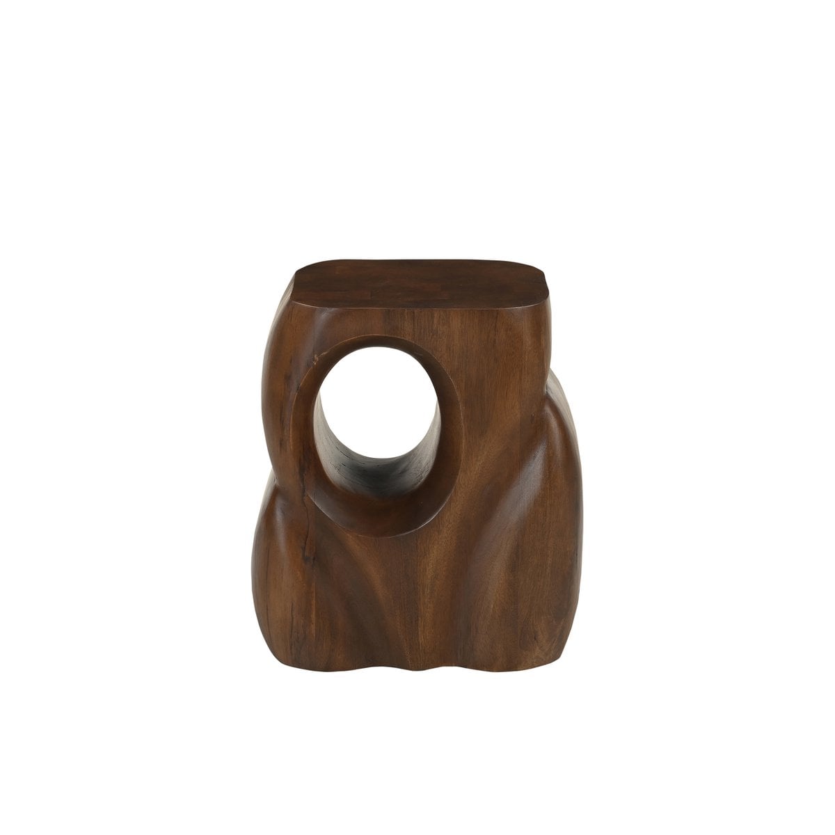 Table d'appoint sculpturale en bois de manguier massif marron avec une forme organique asymétrique et évidée.