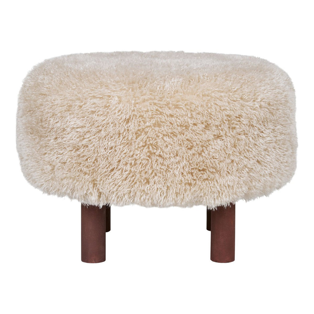 Pouf INVERNESS Fausse Fourrure Beige Pieds Bois Ø50×33 cm