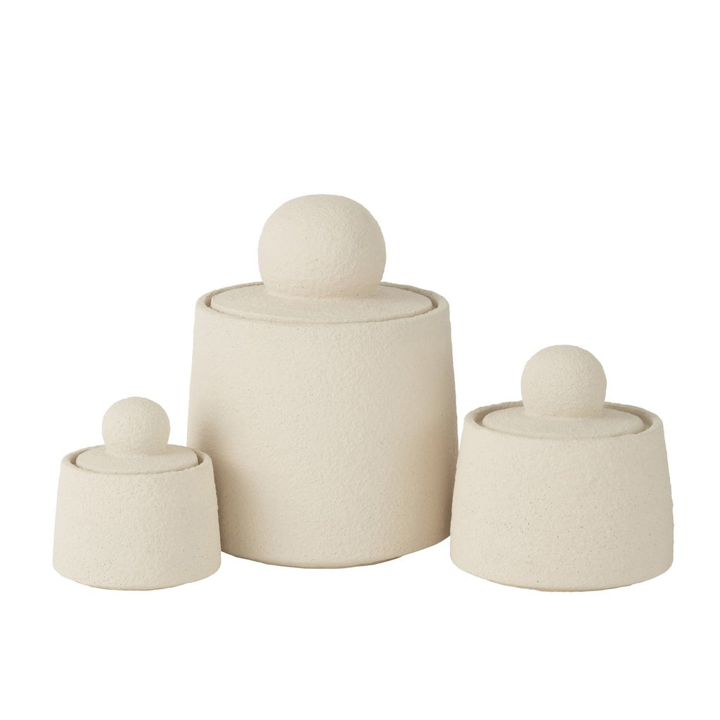 Set de 3 boîtes déco Olympe en ciment beige crème formes géométriques.