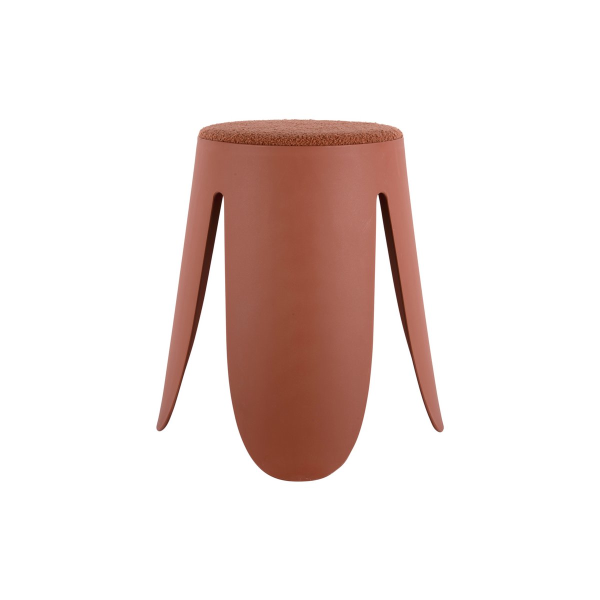 Tabouret design en forme de pétales, couleur orange terracotta chaleureuse avec une assise douce en tissu peluche.