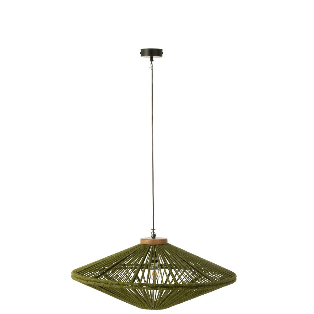 Vue détaillée du cordage en jute vert olive de la lampe.