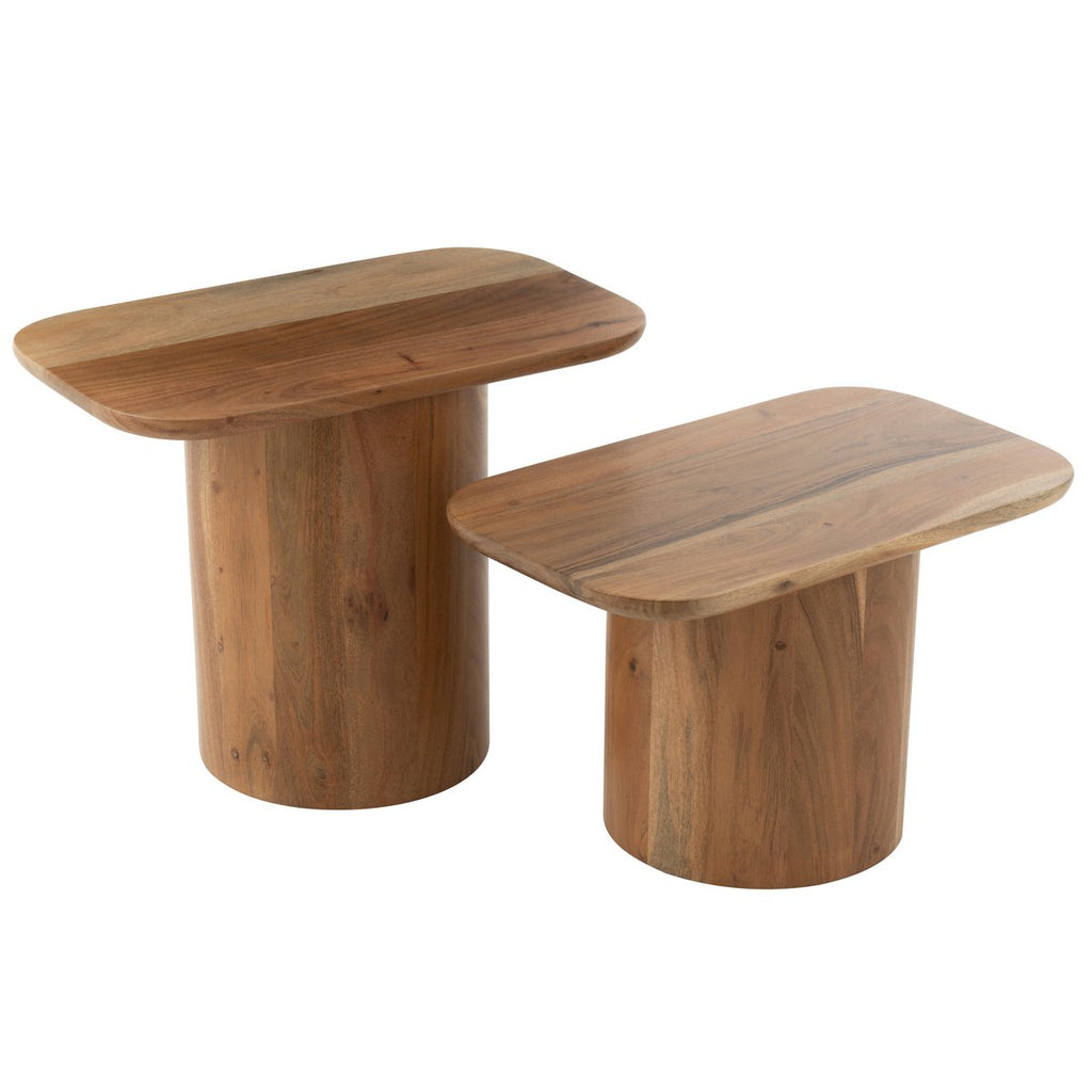 Lot de table basse, table d'apoint en acacia massif sur fond blanc.