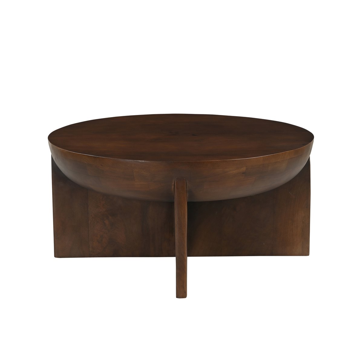 Table basse ronde au design sculptural hémisphérique en bois de manguier massif foncé.