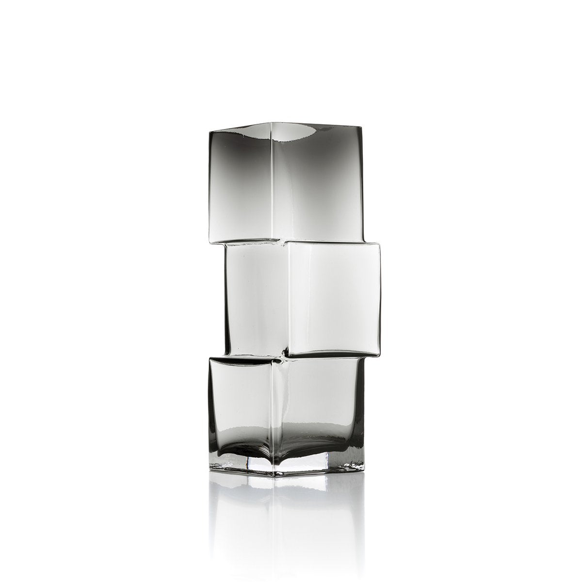 Grand vase sculptural design en verre gris avec blocs asymétriques décalés.