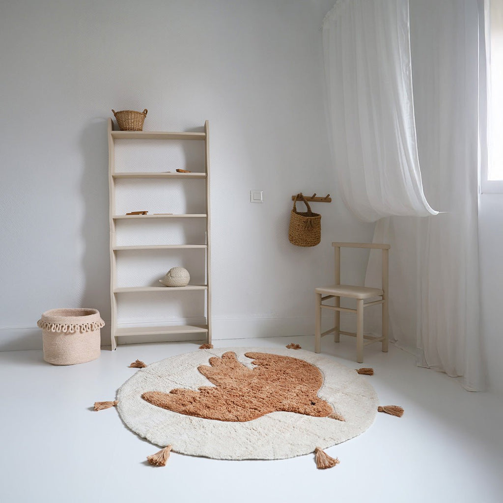 Tapis Rond Coton Motif Oiseau à Pompons Toast Ø110 cm – BohoBird