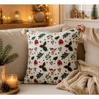 Housse de Coussin Noël Imprimé Rennes Houx Pompons Coton 45×45 cm