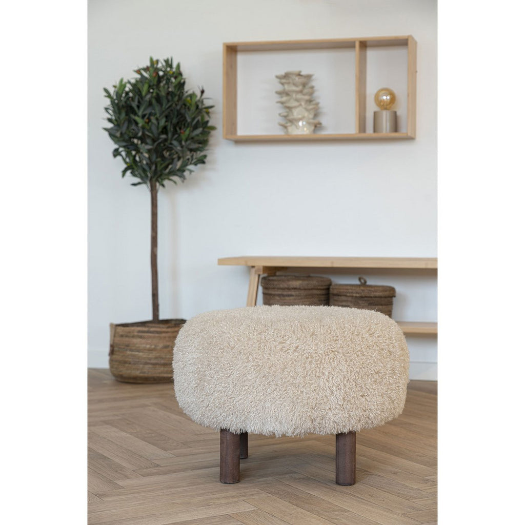Pouf INVERNESS Fausse Fourrure Beige Pieds Bois Ø50×33 cm