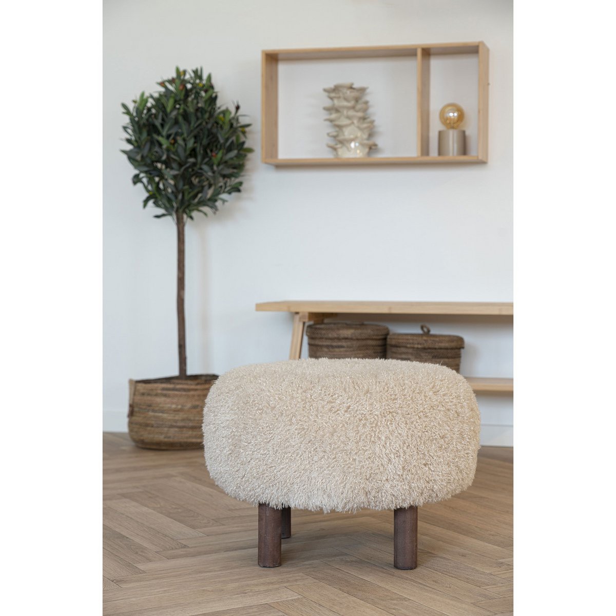 Pouf INVERNESS Fausse Fourrure Beige Pieds Bois Ø50×33 cm