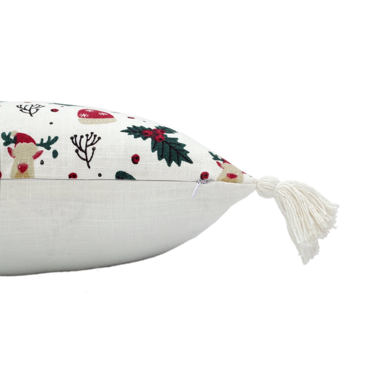 Housse de Coussin Noël Imprimé Rennes Houx Pompons Coton 45×45 cm