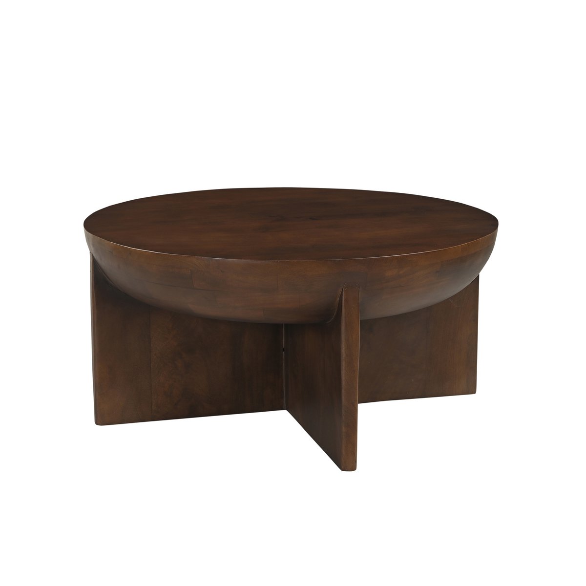 Vue du piétement croisé géométrique soutenant la vasque en bois massif.