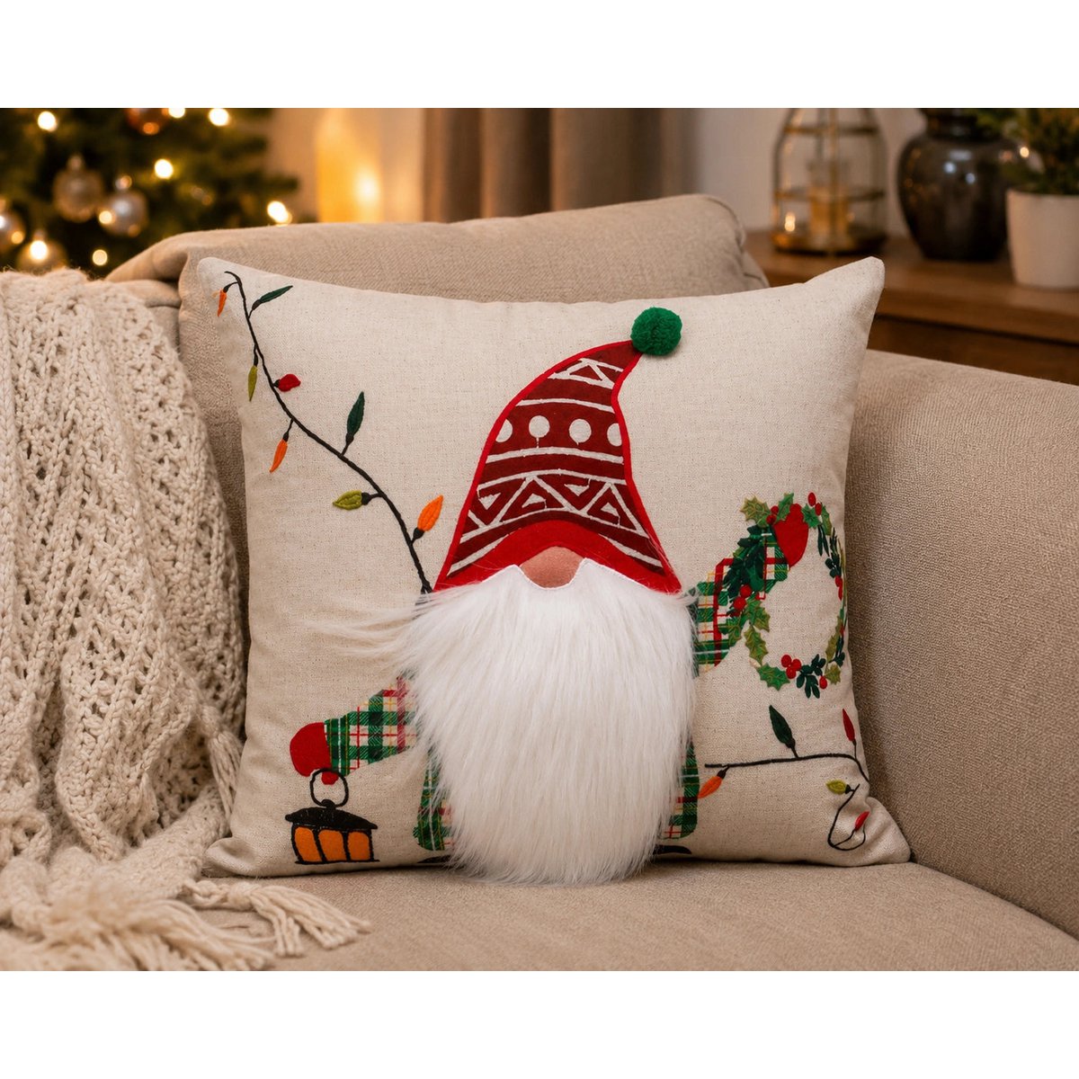 Housse de Coussin Noël Gnome Brodé Lanterne Couronne Coton Lin 45×45 cm