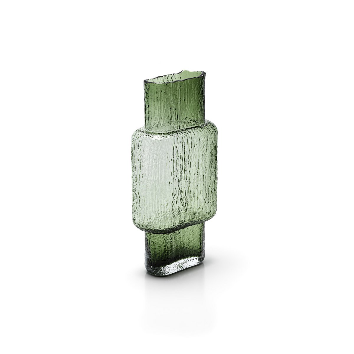 Grand vase décoratif en verre recyclé vert doux, forme géométrique vintage texturée.
