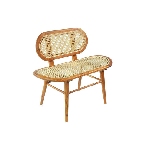 Petit banc design vintage avec structure en bois de teck massif et assise/dossier en cannage rotin.